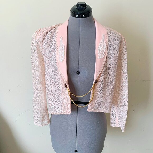 Vintage 90s Pink Lace Made in France Bolero Jacket Size Medium - Picture 1 of 10